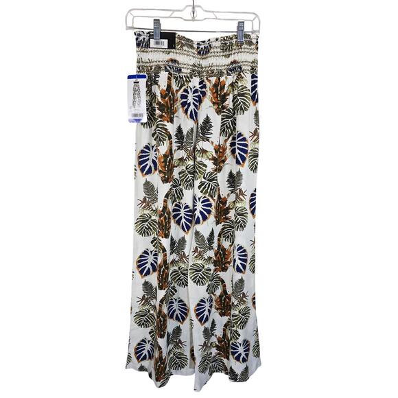 DAHUI Hawaii Smocked Waist Wide Leg Linen Hawaiian Leaf Print Pants L NWT - Picture 3 of 6